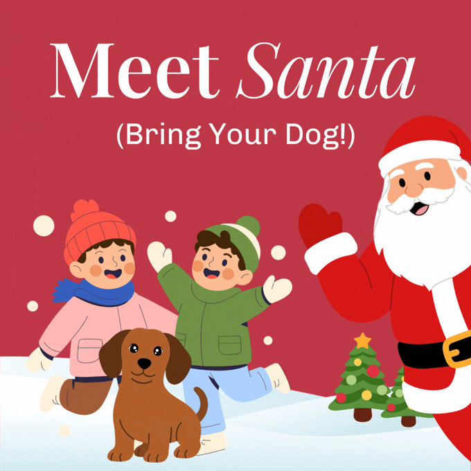 Meet Santa Christmas event at Alexandra Palace Garden Centre, with children, a dog and Santa in a festive illustration