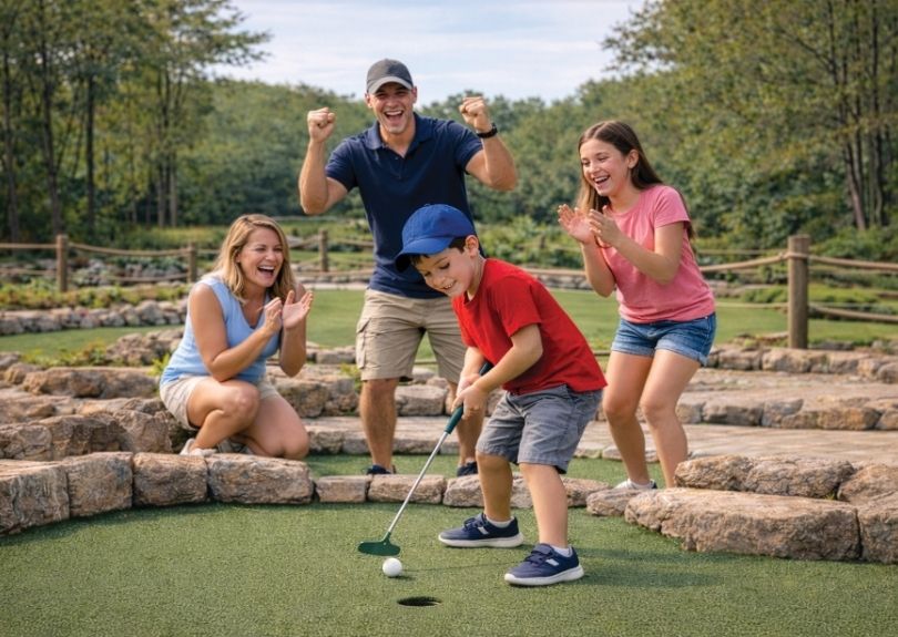 Family having fun while playing adventure golf