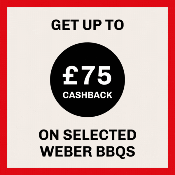 Promotional graphic offering up to £75 cashback on selected Weber BBQs.