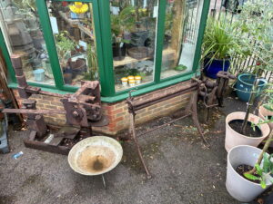 Historic ironworking machinery on display at Woods of Berkhamsted Garden Centre